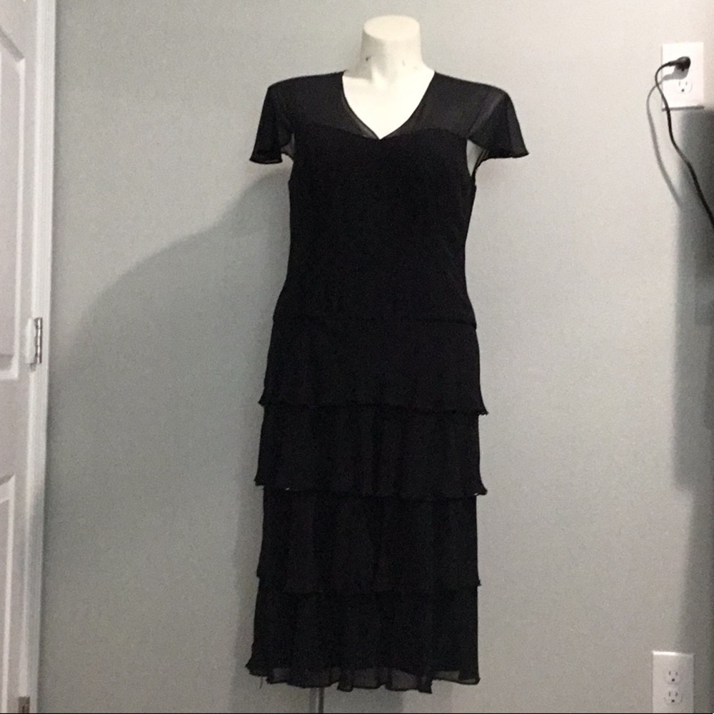 Patra black tiered chiffon dress with  black beaded trim. Size 16.